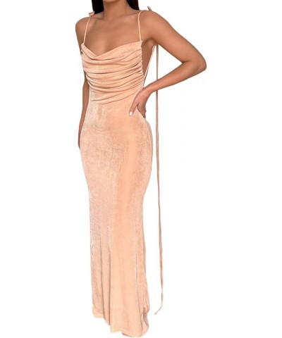 Womens Tie Back Backless Bodycon Long Dress Spaghetti Strap Low Neck Sleeveless Wrap Maxi Dresses S-beige $11.61 Dresses