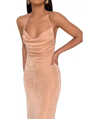 Womens Tie Back Backless Bodycon Long Dress Spaghetti Strap Low Neck Sleeveless Wrap Maxi Dresses S-beige $11.61 Dresses