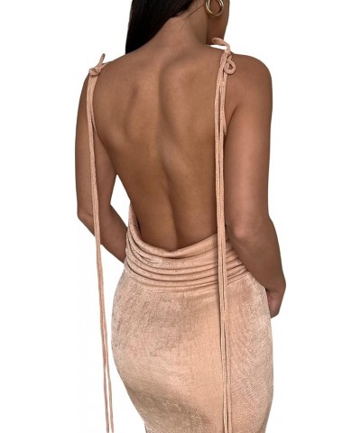 Womens Tie Back Backless Bodycon Long Dress Spaghetti Strap Low Neck Sleeveless Wrap Maxi Dresses S-beige $11.61 Dresses