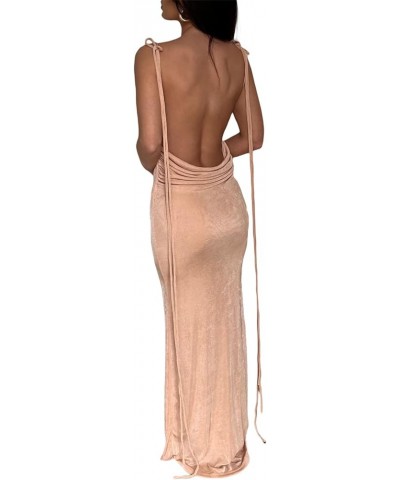 Womens Tie Back Backless Bodycon Long Dress Spaghetti Strap Low Neck Sleeveless Wrap Maxi Dresses S-beige $11.61 Dresses