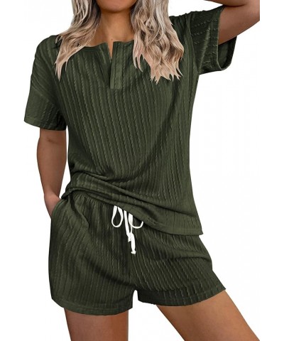 Ribbed Knit Lounge Sets for Women 2 Piece Outfits Short Sleeve Top and Shorts Pajama Sets Tracksuit Sweatsuits Deep Army Gree...