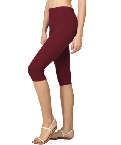 Womens High Waist Basic Solid Cotton Soft Capri Leggings Dark Burgundy $11.31 Leggings