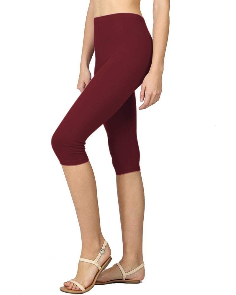 Womens High Waist Basic Solid Cotton Soft Capri Leggings Dark Burgundy $11.31 Leggings