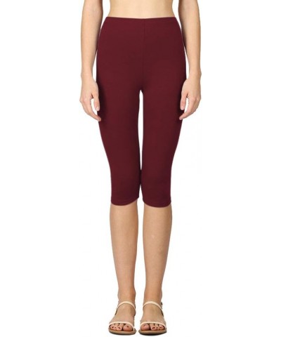 Womens High Waist Basic Solid Cotton Soft Capri Leggings Dark Burgundy $11.31 Leggings