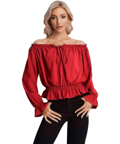 Women's Elegant Long Sleeve Off Shoulder Top Tie Front Ruffle Hem Chiffon Blouse Solid Red $13.25 Blouses