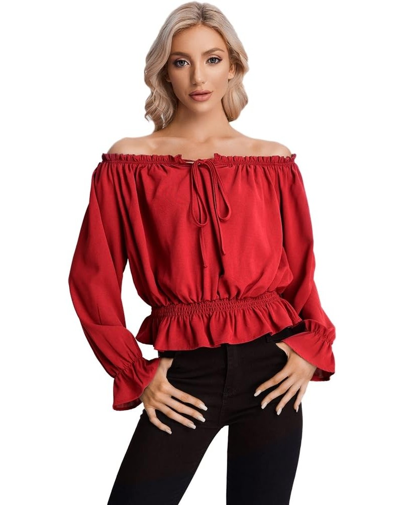 Women's Elegant Long Sleeve Off Shoulder Top Tie Front Ruffle Hem Chiffon Blouse Solid Red $13.25 Blouses