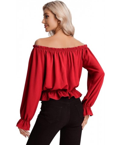 Women's Elegant Long Sleeve Off Shoulder Top Tie Front Ruffle Hem Chiffon Blouse Solid Red $13.25 Blouses