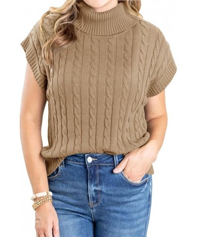 Womens Turtleneck Cable Knit Sweater Vest Sleeveless Pullover Sweaters Cap Sleeve Casual Tank Tops Khaki $12.53 Sweaters