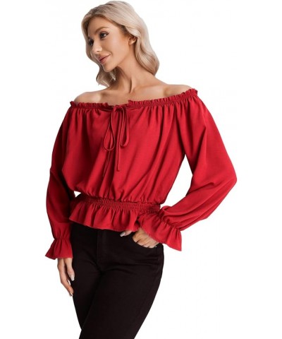 Women's Elegant Long Sleeve Off Shoulder Top Tie Front Ruffle Hem Chiffon Blouse Solid Red $13.25 Blouses