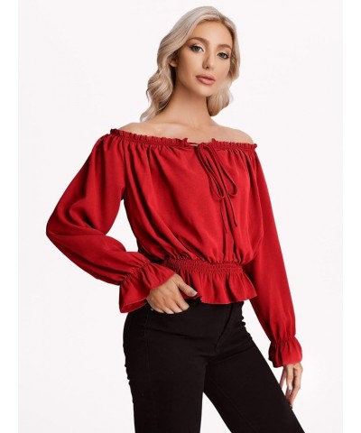 Women's Elegant Long Sleeve Off Shoulder Top Tie Front Ruffle Hem Chiffon Blouse Solid Red $13.25 Blouses