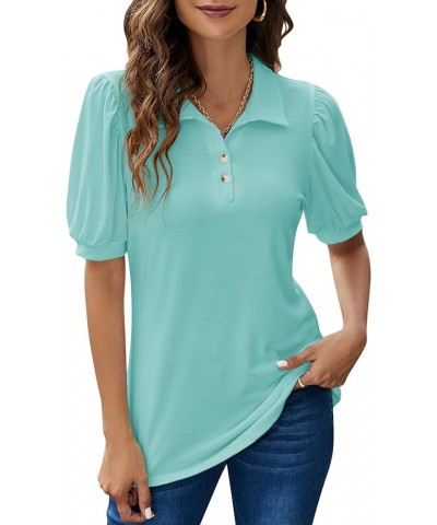 Womens Polo Shirts Button Down Collared Short Sleeve Tops V Neck Loose Blouses Aqua $16.11 Shirts