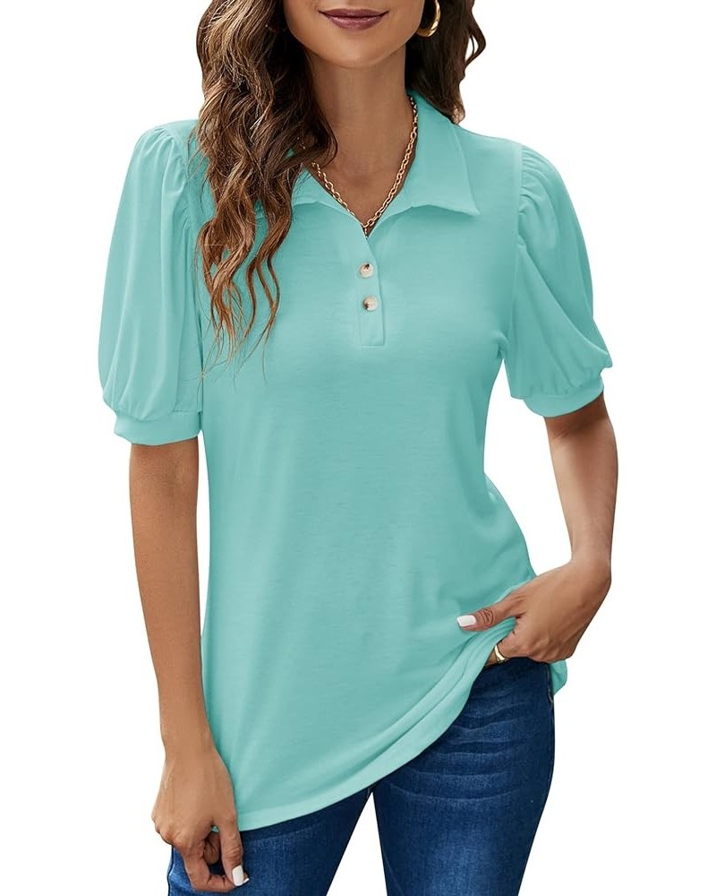 Womens Polo Shirts Button Down Collared Short Sleeve Tops V Neck Loose Blouses Aqua $16.11 Shirts