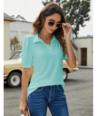 Womens Polo Shirts Button Down Collared Short Sleeve Tops V Neck Loose Blouses Aqua $16.11 Shirts