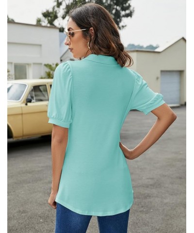 Womens Polo Shirts Button Down Collared Short Sleeve Tops V Neck Loose Blouses Aqua $16.11 Shirts