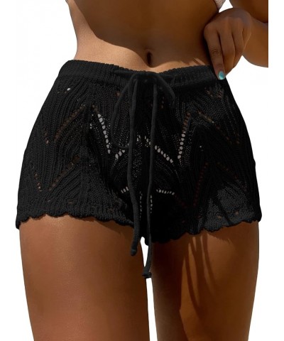 Womens Crochet Cover Up Shorts Hollow Out High Waist Knit Bathing Suit Bikini Swimsuit Short-3-black $10.25 Swimsuits