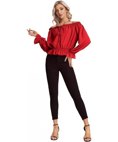 Women's Elegant Long Sleeve Off Shoulder Top Tie Front Ruffle Hem Chiffon Blouse Solid Red $13.25 Blouses