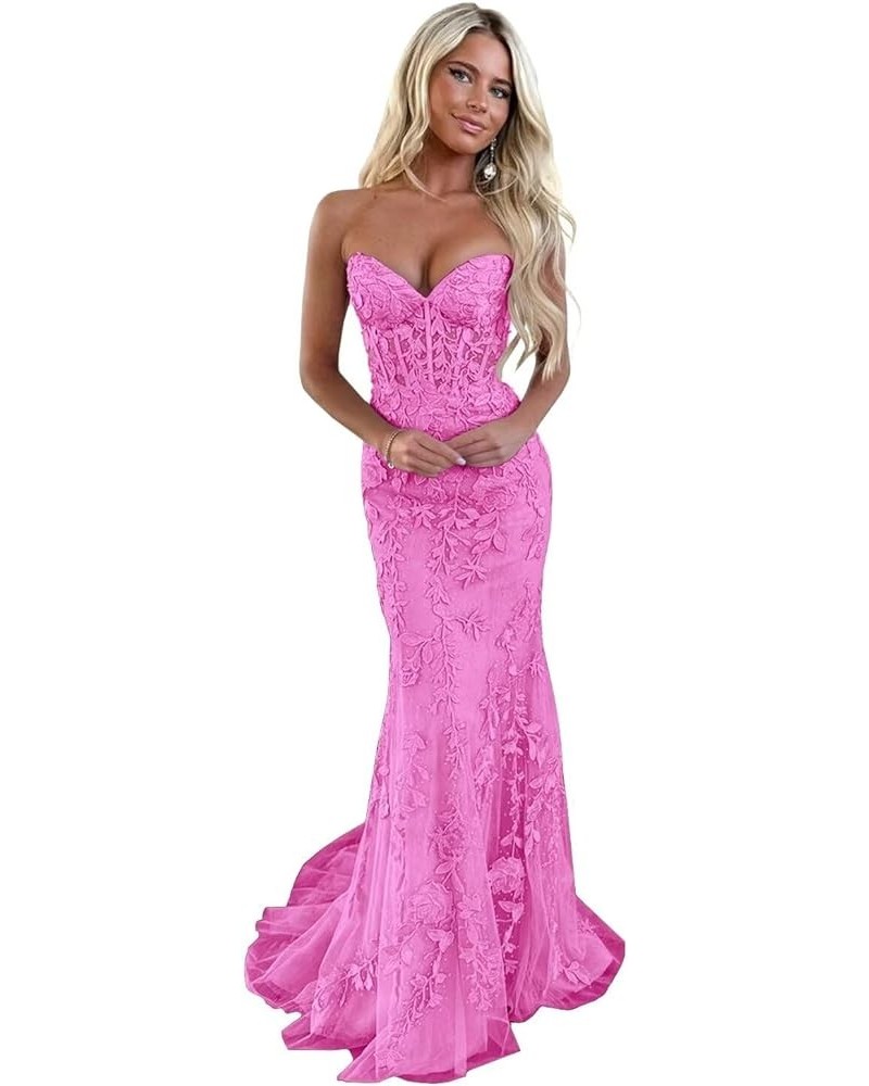 Women's Lace Flower Appliques Prom Dresses Long Mermaid Tulle Formal Evening Party Gowns Fuchsia $38.25 Dresses