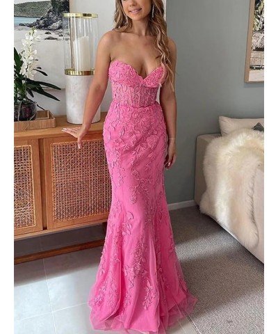 Women's Lace Flower Appliques Prom Dresses Long Mermaid Tulle Formal Evening Party Gowns Fuchsia $38.25 Dresses