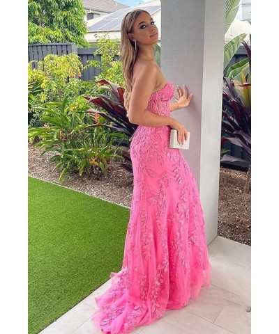 Women's Lace Flower Appliques Prom Dresses Long Mermaid Tulle Formal Evening Party Gowns Fuchsia $38.25 Dresses