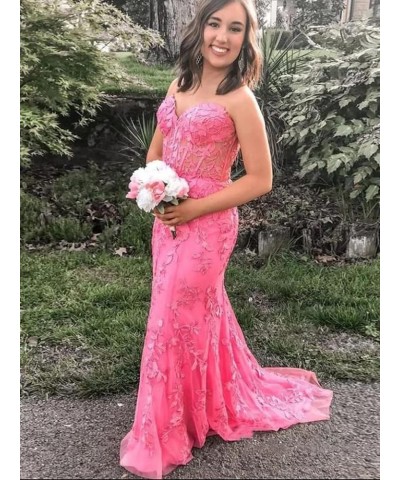 Women's Lace Flower Appliques Prom Dresses Long Mermaid Tulle Formal Evening Party Gowns Fuchsia $38.25 Dresses