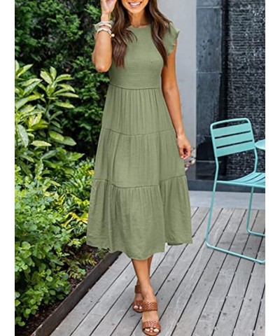 Women Summer Casual Midi Dress Smocked Elastic Waist Midi Dress Boho A-Line Maxi Dress Green $17.20 Dresses