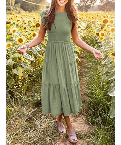 Women Summer Casual Midi Dress Smocked Elastic Waist Midi Dress Boho A-Line Maxi Dress Green $17.20 Dresses