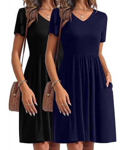 2 Pcs Women's Short Sleeve Empire Waist Dresses V Neck Loose Swing Pleated Dress with Pockets Black, Dark Blue $21.00 Dresses