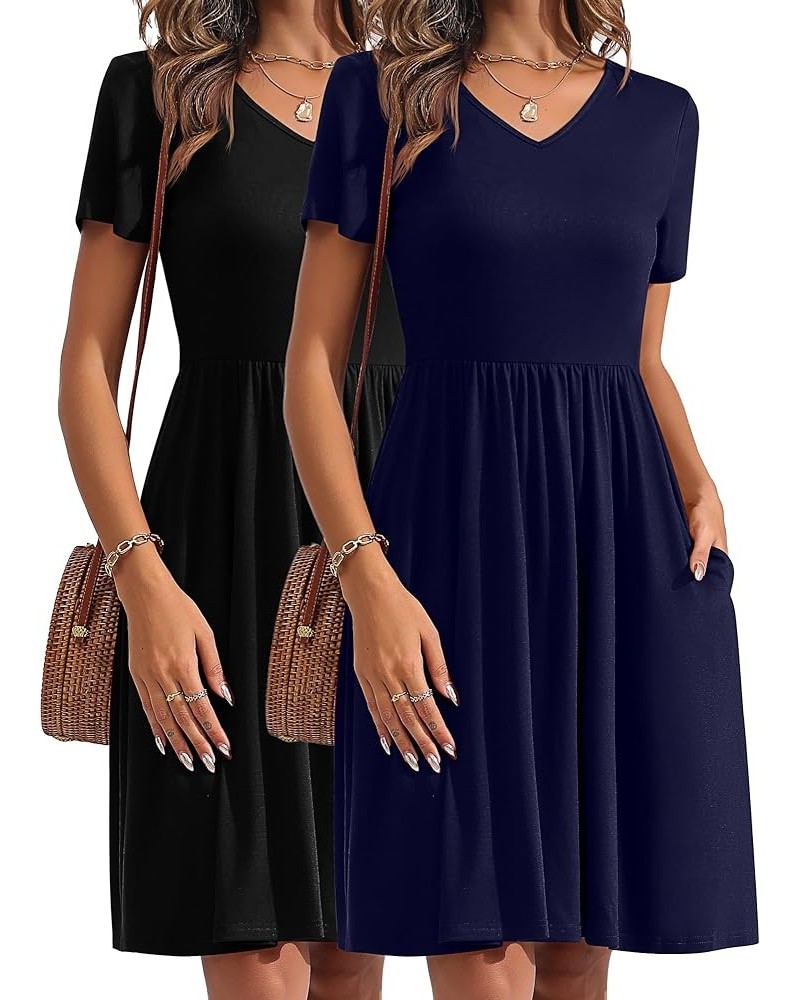 2 Pcs Women's Short Sleeve Empire Waist Dresses V Neck Loose Swing Pleated Dress with Pockets Black, Dark Blue $21.00 Dresses