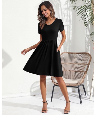 2 Pcs Women's Short Sleeve Empire Waist Dresses V Neck Loose Swing Pleated Dress with Pockets Black, Dark Blue $21.00 Dresses