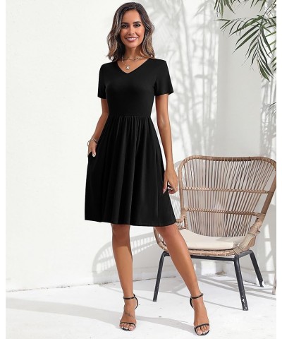 2 Pcs Women's Short Sleeve Empire Waist Dresses V Neck Loose Swing Pleated Dress with Pockets Black, Dark Blue $21.00 Dresses