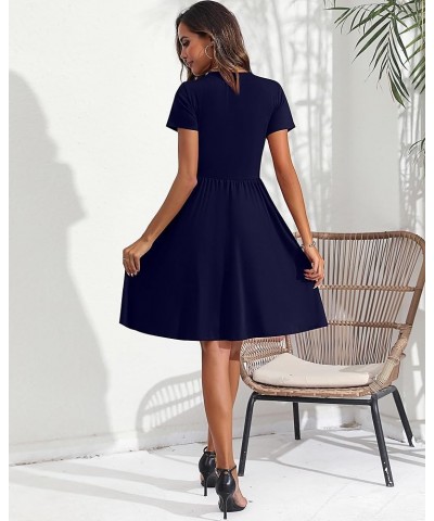 2 Pcs Women's Short Sleeve Empire Waist Dresses V Neck Loose Swing Pleated Dress with Pockets Black, Dark Blue $21.00 Dresses