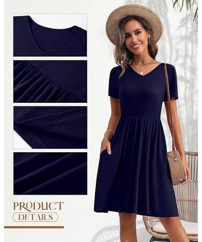 2 Pcs Women's Short Sleeve Empire Waist Dresses V Neck Loose Swing Pleated Dress with Pockets Black, Dark Blue $21.00 Dresses