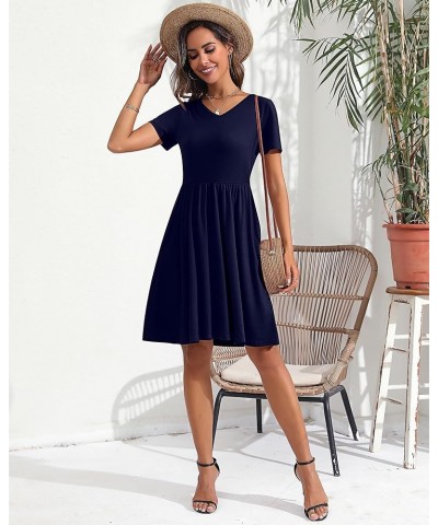 2 Pcs Women's Short Sleeve Empire Waist Dresses V Neck Loose Swing Pleated Dress with Pockets Black, Dark Blue $21.00 Dresses