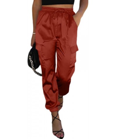 Satin Joggers for Women Drawstring Elastic High Waist Straight Leg Cargo Pants Long Lounge Pant Trousers with Pockets D Red $...