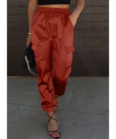 Satin Joggers for Women Drawstring Elastic High Waist Straight Leg Cargo Pants Long Lounge Pant Trousers with Pockets D Red $...