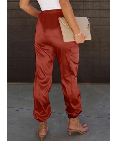 Satin Joggers for Women Drawstring Elastic High Waist Straight Leg Cargo Pants Long Lounge Pant Trousers with Pockets D Red $...