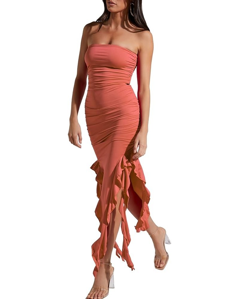 Womens Fitted Bandeau Strapless Asymmetric Thigh Splits Frills Ruffle Ruched Bodycon Midi Dresses Baked Rose $16.28 Dresses