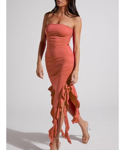 Womens Fitted Bandeau Strapless Asymmetric Thigh Splits Frills Ruffle Ruched Bodycon Midi Dresses Baked Rose $16.28 Dresses