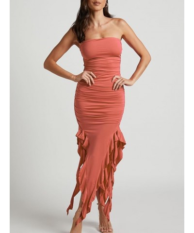 Womens Fitted Bandeau Strapless Asymmetric Thigh Splits Frills Ruffle Ruched Bodycon Midi Dresses Baked Rose $16.28 Dresses