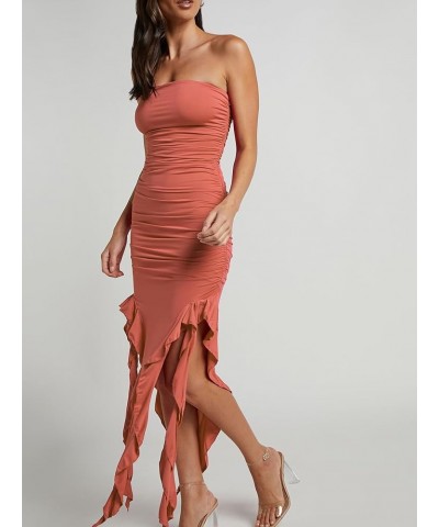 Womens Fitted Bandeau Strapless Asymmetric Thigh Splits Frills Ruffle Ruched Bodycon Midi Dresses Baked Rose $16.28 Dresses