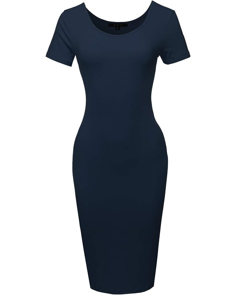 Women's Solid Fitted Classic Short Sleeve Premium Cotton Midi Dress Yawdrs0001 Midnight Navy $11.33 Dresses