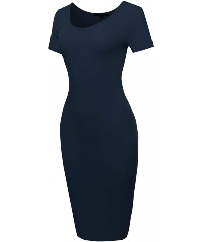 Women's Solid Fitted Classic Short Sleeve Premium Cotton Midi Dress Yawdrs0001 Midnight Navy $11.33 Dresses