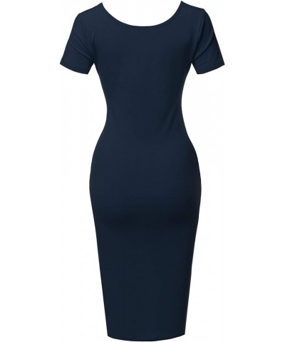 Women's Solid Fitted Classic Short Sleeve Premium Cotton Midi Dress Yawdrs0001 Midnight Navy $11.33 Dresses