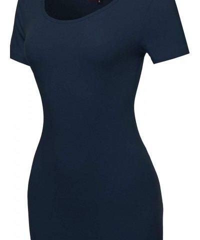 Women's Solid Fitted Classic Short Sleeve Premium Cotton Midi Dress Yawdrs0001 Midnight Navy $11.33 Dresses