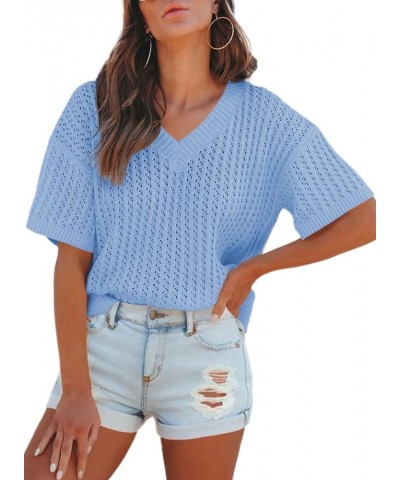 Womens Casual Summer Tops V Neck Short Sleeve Shirts Solid Hollow Out Lightweight Loose Fit Sweater Blouses Sky Blue $16.00 S...