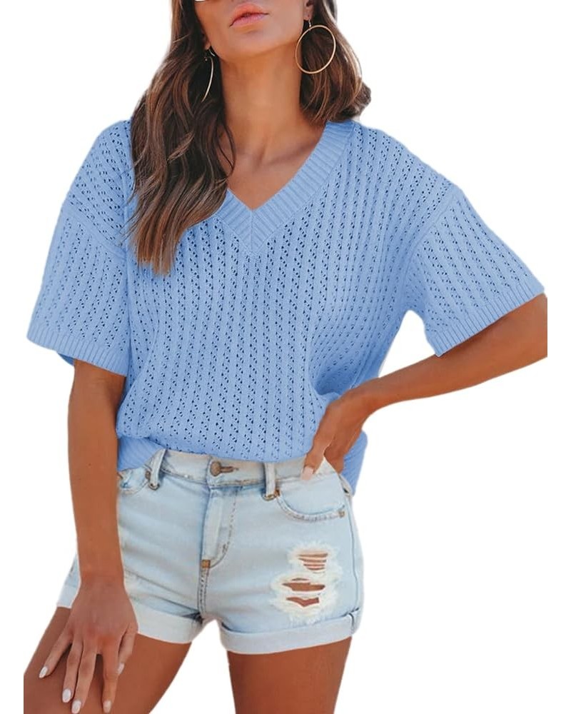 Womens Casual Summer Tops V Neck Short Sleeve Shirts Solid Hollow Out Lightweight Loose Fit Sweater Blouses Sky Blue $16.00 S...