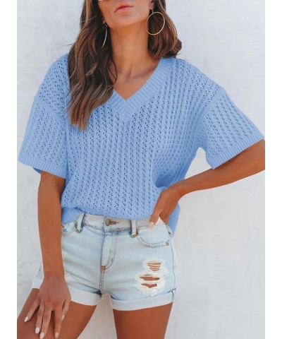 Womens Casual Summer Tops V Neck Short Sleeve Shirts Solid Hollow Out Lightweight Loose Fit Sweater Blouses Sky Blue $16.00 S...