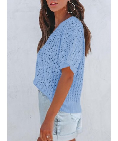 Womens Casual Summer Tops V Neck Short Sleeve Shirts Solid Hollow Out Lightweight Loose Fit Sweater Blouses Sky Blue $16.00 S...