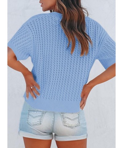 Womens Casual Summer Tops V Neck Short Sleeve Shirts Solid Hollow Out Lightweight Loose Fit Sweater Blouses Sky Blue $16.00 S...