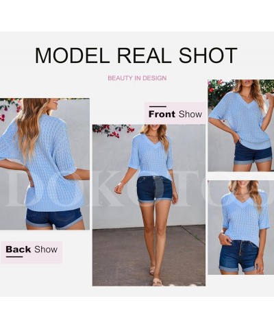 Womens Casual Summer Tops V Neck Short Sleeve Shirts Solid Hollow Out Lightweight Loose Fit Sweater Blouses Sky Blue $16.00 S...